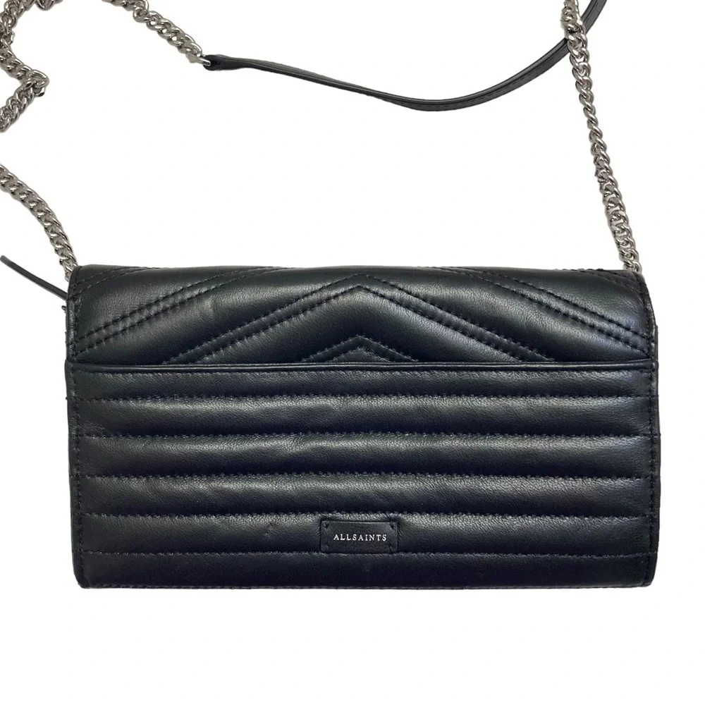 All saints black Justine quilted leather crossbody wallet bag